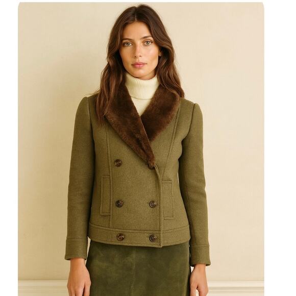 J.Crew Early 2000s Green Wool Tweed Pea Coat Faux Fur Collar Rare Heritage 0 - Picture 2 of 11